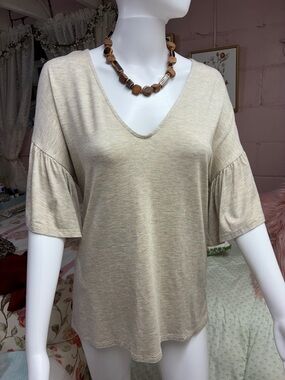 Alya Beige V-Neck Flutter Sleeve Top